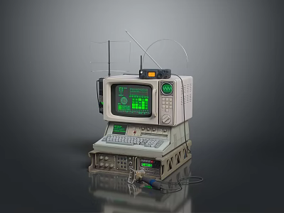 Vintage Retro Computer System With Green Screen Display Stacked Control Panels And Antenna 3d model