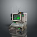 Vintage Retro Computer System With Green Screen Display Stacked Control Panels And Antenna