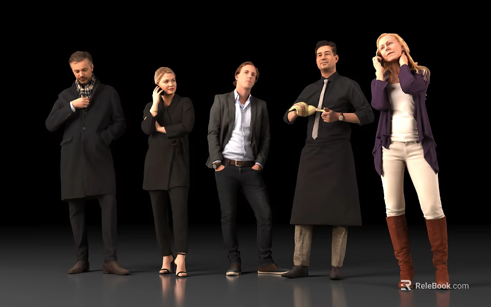 Group of Five People Standing in Different Poses With Various Clothing Styles 3d model 