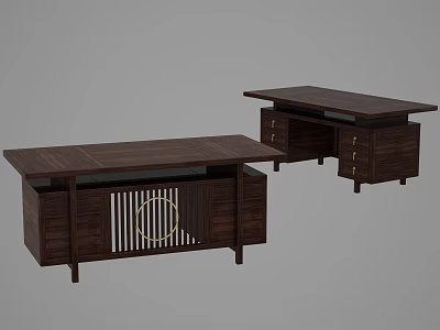 Dark Wooden Office Desks with Drawers and Lattice Front Modern Home Office Furniture 3d model