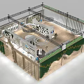 Stage Design With Green Curtains Gold Patterns Relief Wall And Metal Structure