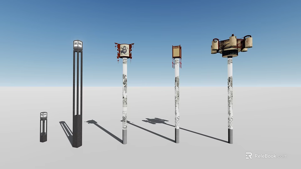 Outdoor Lights in Different Styles with Decorative Pillars and Ornamental Top Features 3d model 