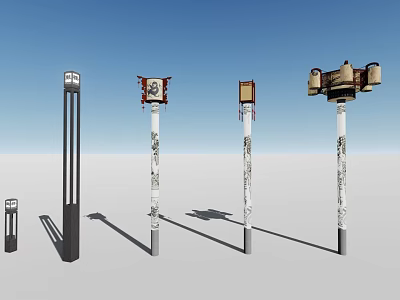 Outdoor Lights in Different Styles with Decorative Pillars and Ornamental Top Features 3d model