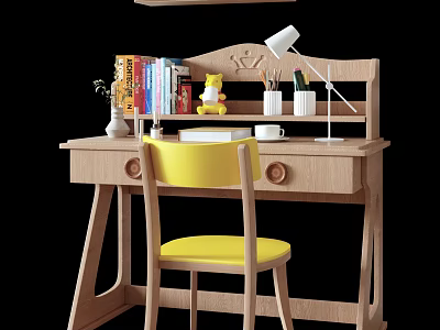 Study Wooden Desk and Chair Set with Yellow Chair Books Lamp and Decorations 3d model