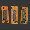 Three Orange Left Turn Traffic Signs With Bold Lettering And Reflective Surfaces