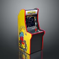 PAC-MAN Themed Retro Arcade Gaming Machine With Yellow Cabinet Screen Display And Cartoon Graphics