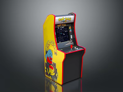 PAC-MAN Themed Retro Arcade Gaming Machine With Yellow Cabinet Screen Display And Cartoon Graphics 3d model