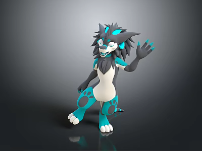 3D Fantasy Creature Character With Blue Black Fur White Belly And Waving Pose 3d model
