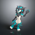 3D Fantasy Creature Character With Blue Black Fur White Belly And Waving Pose