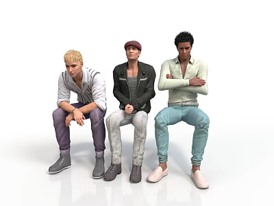 Group of Three Men Sitting Together in Different Casual Outfits and Poses 3d model