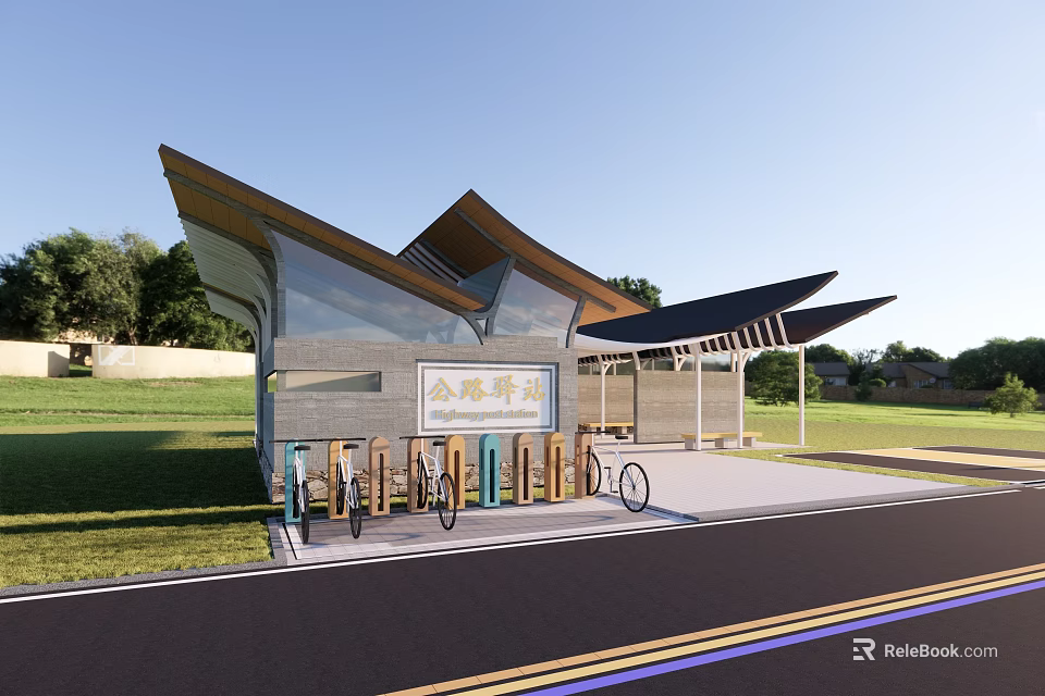 Modern Bicycle Pavilion With Glass Walls Sloped Roof And Bike Racks By Green Lawn Roadside 3d model 
