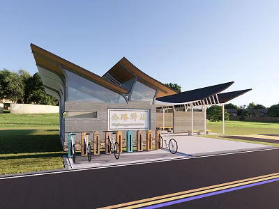 Modern Bicycle Pavilion With Glass Walls Sloped Roof And Bike Racks By Green Lawn Roadside 3d model
