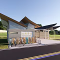 Modern Bicycle Pavilion With Glass Walls Sloped Roof And Bike Racks By Green Lawn Roadside