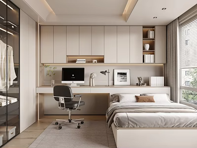 Tatami Bedroom Interior Modern Minimalist Design With Writing Desk Computer Bookshelf And Window View 3d model