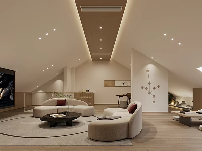 Modern Home Theater With Cozy Curved Sofas And Recessed Lighting 3d model