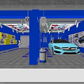 Blue Sports Car Showroom With Posters On Walls And Checkerboard Floor Pattern