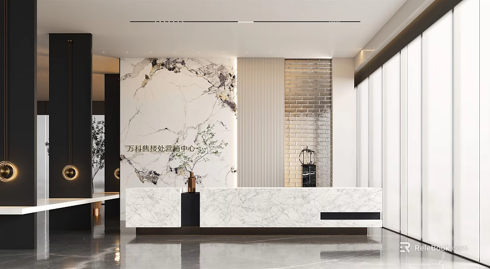 Modern Reception Desk Interior Design With Marble Countertop Textured Backdrop And Vertical Blinds 3d model 