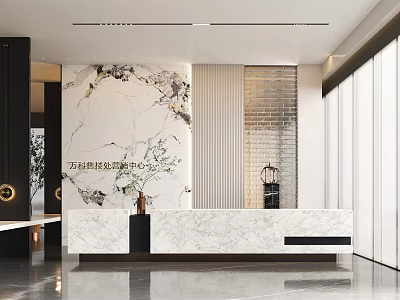 Modern Reception Desk Interior Design With Marble Countertop Textured Backdrop And Vertical Blinds 3d model