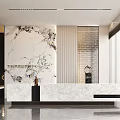 Modern Reception Desk Interior Design With Marble Countertop Textured Backdrop And Vertical Blinds