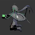 Game Movie Character Black Silhouette with Long Twin Ponytails Green Glowing Lines Bow Tie Running