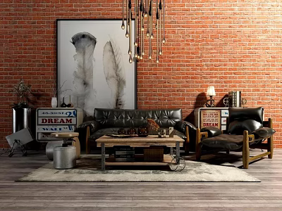 Industrial Black Leather Sofa And Wooden Coffee Table Set With Red Brick Wall Art Painting And Chandelier 3d model