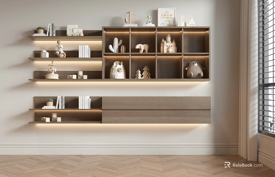 Modern Wall Storage Shelves with LED Lighting Multiple Layers Books and Decorative Items 3d model