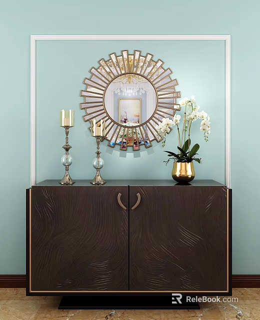 Stylish Dark Console Cabinet with Decorative Mirror White Orchids Gold Vase on Light Blue Wall 3d model 