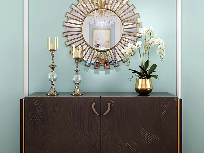 Stylish Dark Console Cabinet with Decorative Mirror White Orchids Gold Vase on Light Blue Wall 3d model