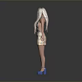 3D Character With White Braided Hair Gray Sleeveless T-shirt Plaid Skirt And Blue High Heels