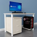 Office Desk With Windows 11 Monitor Keyboard Mouse Drawer Cabinet And Black Red PC Case