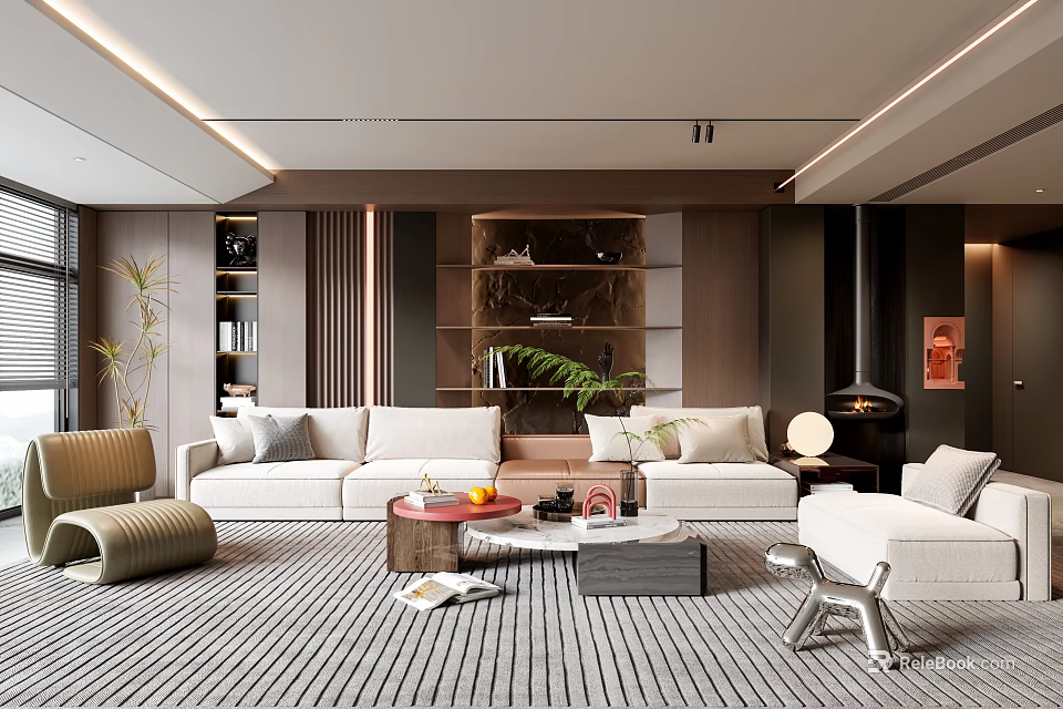 Modern Living Room Interior With White Sofas Striped Rug Wooden Shelving And Green Plant 3d model 