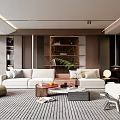 Modern Living Room Interior With White Sofas Striped Rug Wooden Shelving And Green Plant