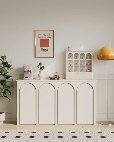 White Arched Sideboard In Living Room With Coffee Machine Tulip Vase And Green Plant 3d model