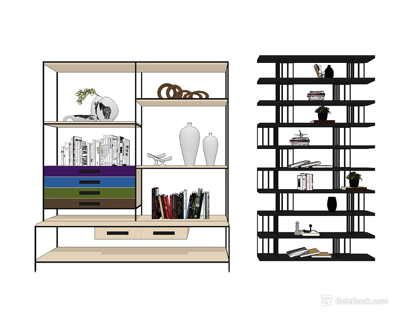 Modern Bookshelf Design With Multiple Shelves For Books Decor And Vases 3d model