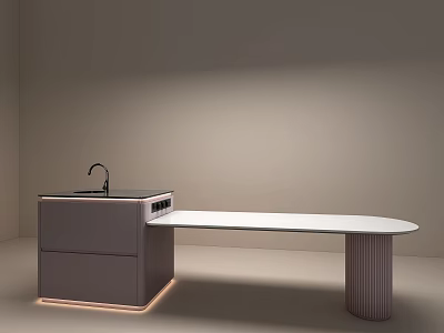 Soft Lit Modern Minimalist Cabinet With Sink And Long White Countertop On Cylindrical Leg 3d model