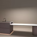 Soft Lit Modern Minimalist Cabinet With Sink And Long White Countertop On Cylindrical Leg