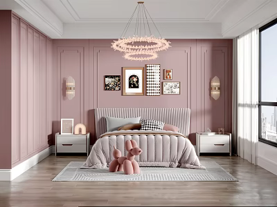 Cozy Bedroom Interior With Pink Walls Chandelier Framed Artworks And Stuffed Rabbit 3d model