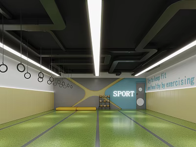 Indoor Sports Fitness Gym With Hanging Rings Green Floor Sport Sign And Lighting 3d model