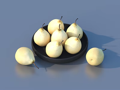 Several Fresh Yellow Pears Arranged On Black Plate With Some Outside On Gray Surface 3d model