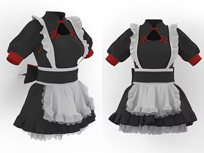 Elegant Maid Costume Black Dress With White Apron Red Accents Ruffled Skirt 3d model