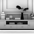 Minimalist Wooden TV Stand with Decorative Clock Books Vases and Flowers in Bright Living Room