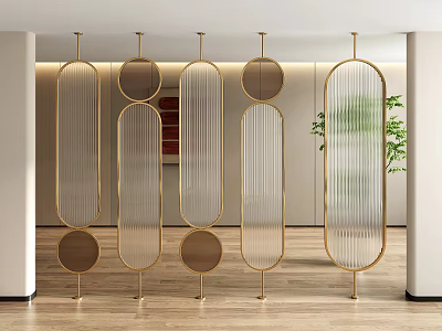 Modern Glass Room Divider With Gold Frames And Mixed Shapes 3d model
