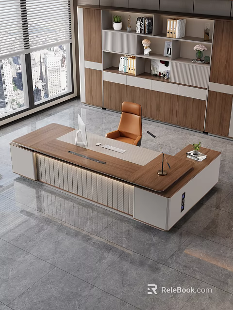 Modern Office Interior Featuring Executive Wooden Desk Orange Chair Window City View And Cabinets 3d model 