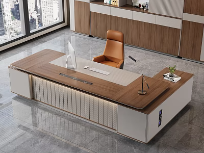 Modern Office Interior Featuring Executive Wooden Desk Orange Chair Window City View And Cabinets 3d model