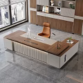 Modern Office Interior Featuring Executive Wooden Desk Orange Chair Window City View And Cabinets