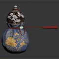 Traditional Gourd Shaped Sculpture With Blue Gold Patterns Brown Top And Red Ribbon