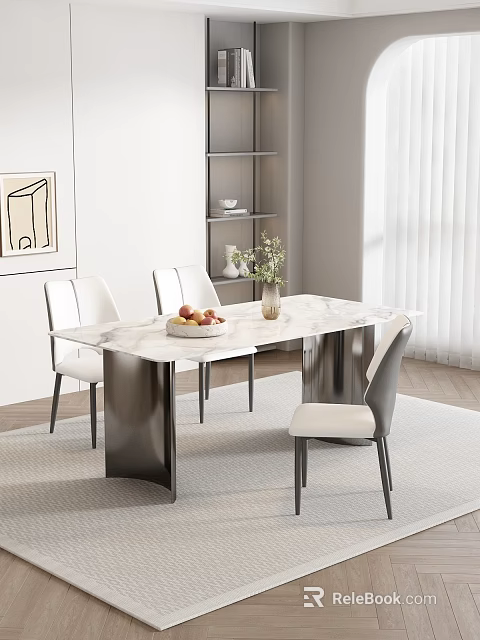 Modern Dining Room With Marble Tabletop White Chairs Fruit Bowl Vase Bookshelf And Window Curtains 3d model 