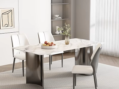 Modern Dining Room With Marble Tabletop White Chairs Fruit Bowl Vase Bookshelf And Window Curtains 3d model