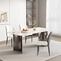 Modern Dining Room With Marble Tabletop White Chairs Fruit Bowl Vase Bookshelf And Window Curtains