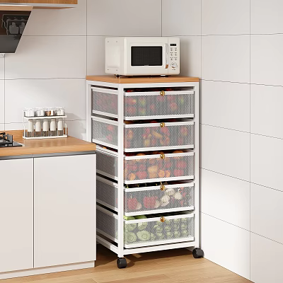 Kitchen Storage Cabinet With Metal Mesh Drawers For Fruits Vegetables And Microwave 3d model